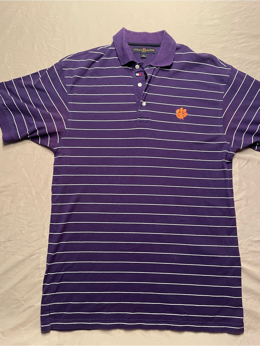Tommy Hilfiger Purple Striped Polo with Clemson Tigers Emblem